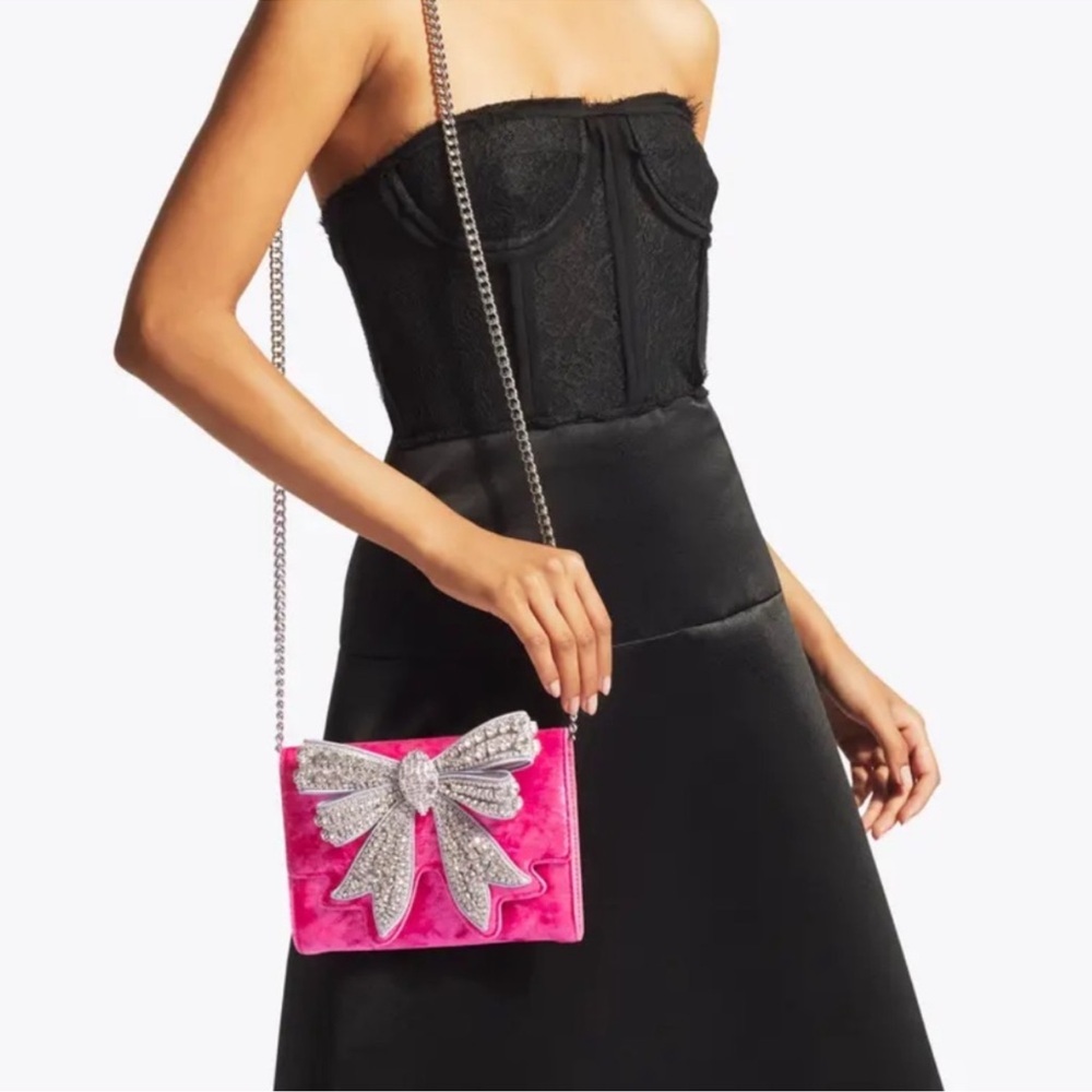 Kurt Geiger Pink Velvet Crossbody Bag with Crystal Bow